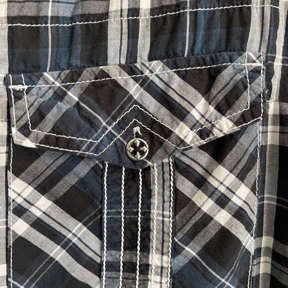 Affliction Mens Y2K Grunge Plaid Button Up Shirt Size XL Embroidered Graphic Alt - Picture 6 of 13